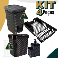 Kit Lixeira 7 Litros + Lixeira Pia 5 Litros + Porta Detergente + Escorredor Louça