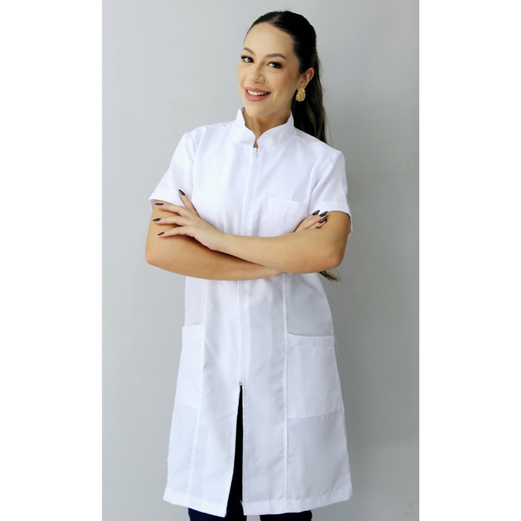 Jaleco Feminino Oxford Ziper, Branco, Manga Curta, Acinturado, Gola Padre em Oferta na Shopee