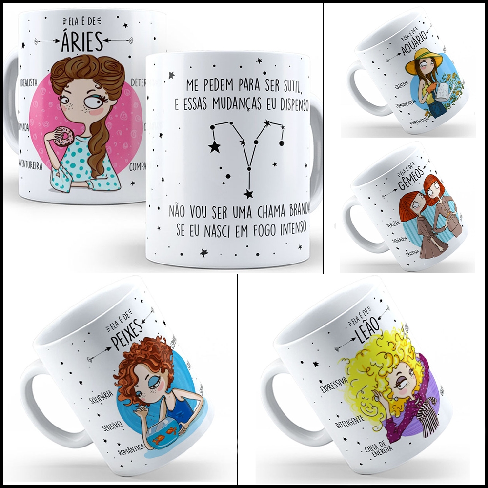 Imagem Caneca de Cerâmica Branca Personalizada 325ml - Desenho de Signos Femininos, Presente Criativo