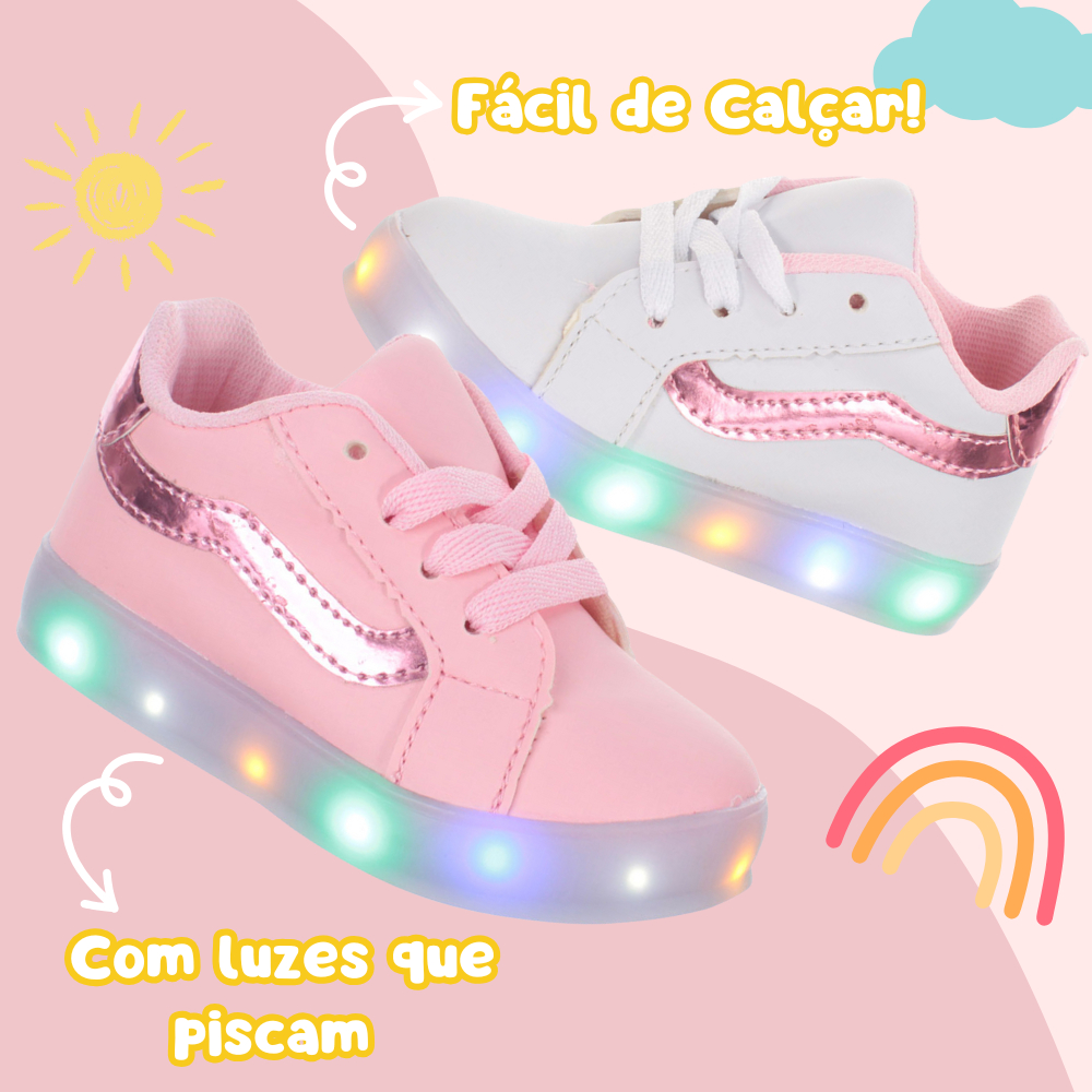 Tenis Calcado de Crianca com luz de led pisca infantil feminino meninas rosa ou branco PC em Oferta na Shopee