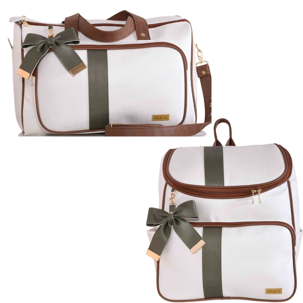 Kit Bolsa Maternidade Menino/Menina Bag e Mochila Bali Off/Marrom/Verde - 02 Peças