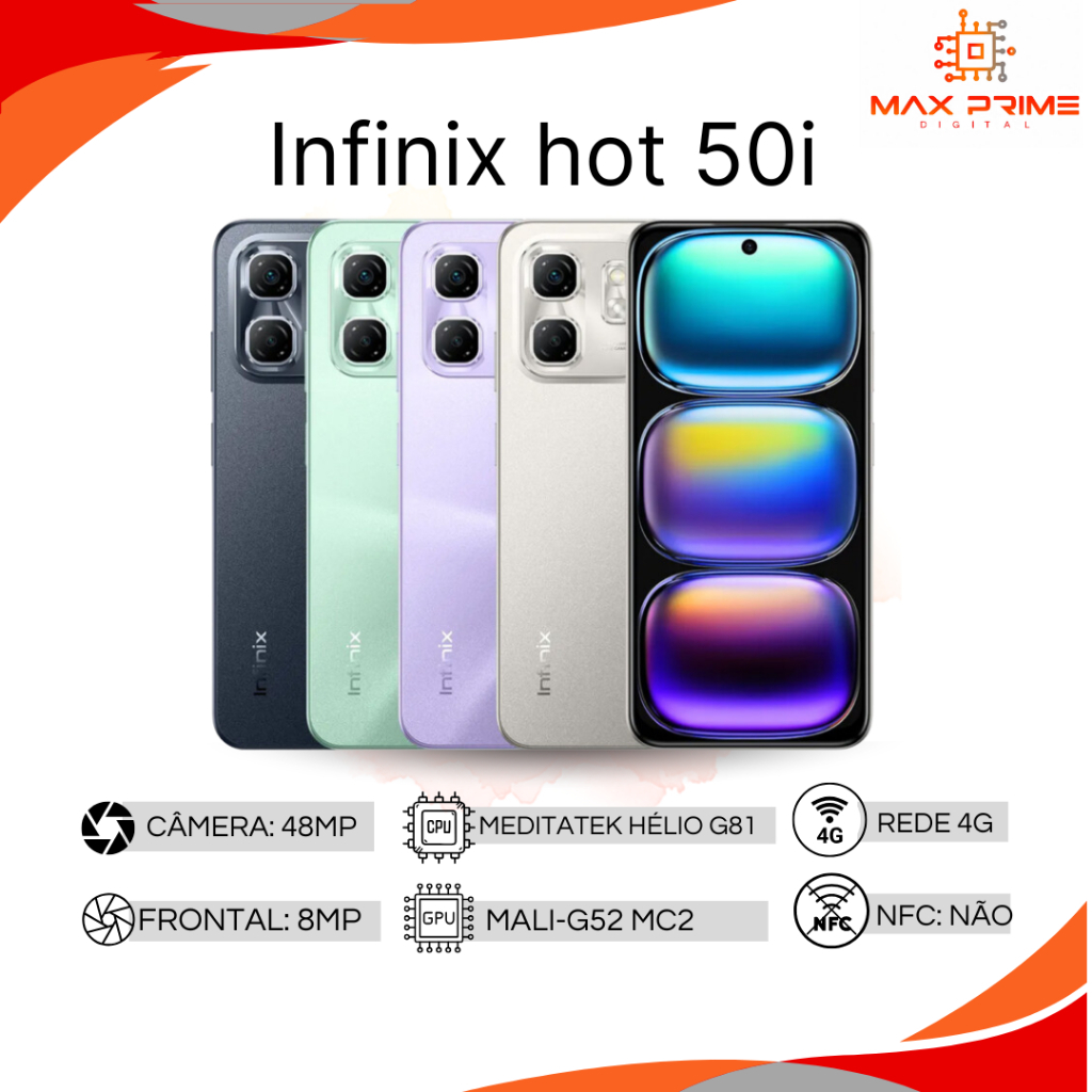 INFINIX HOT 50i, 256GB e 4GB RAM, Câmera 48MP, Processador MediaTek Helio G81, Bateria 5000Mah, Novo, Versão Global