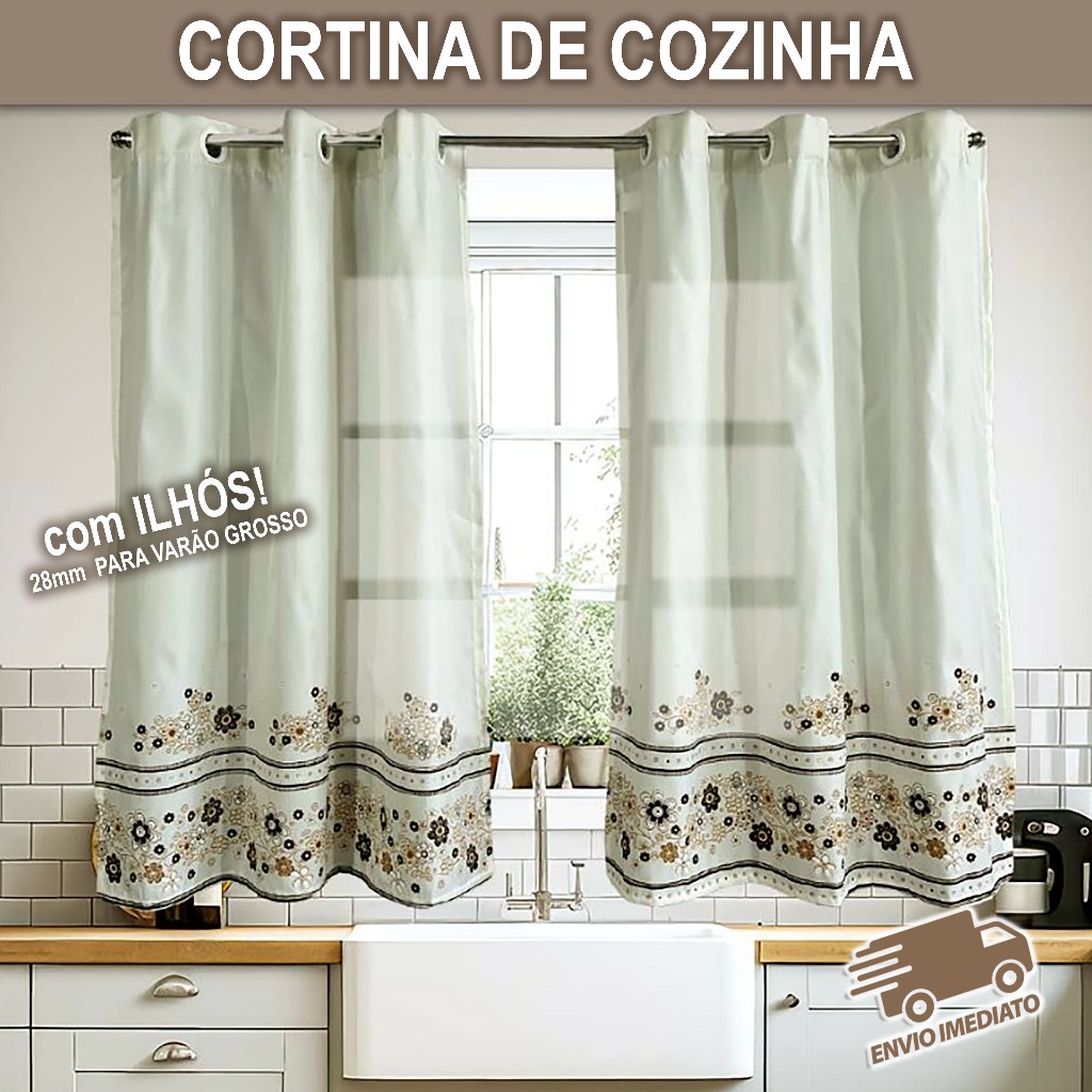 Cortina de Cozinha Moderna Floral  Estampada Tecido Oxford 2.20m X 1.35m - Diversas Estamp...