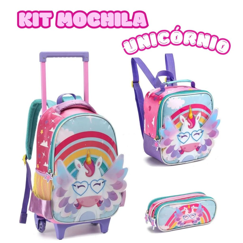 Kit Mochila Infantil 2 Em 1 Carrinho Removível Unicórnio Prática Resistente Estampa 3D em Oferta na Shopee