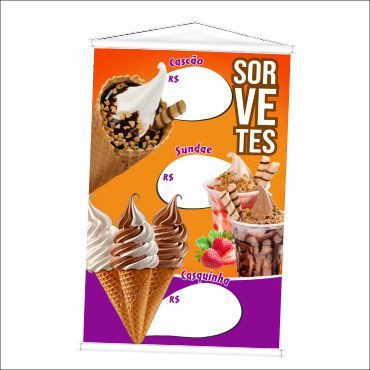Banner Venda de Sorvetes Cascão e Sundae produzido em lona. Cartaz Propaganda para Sorveteria Doceria Lanchonete.