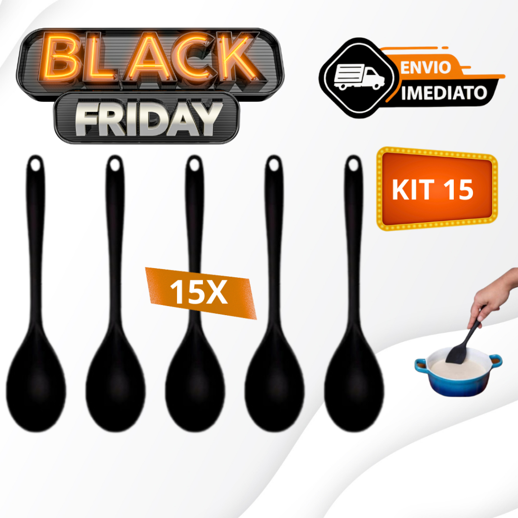 Jogo de Cozinha Preta  15 Peças de Silicone Utensílios e Colher para Cozinha Restaurante Buffet casa