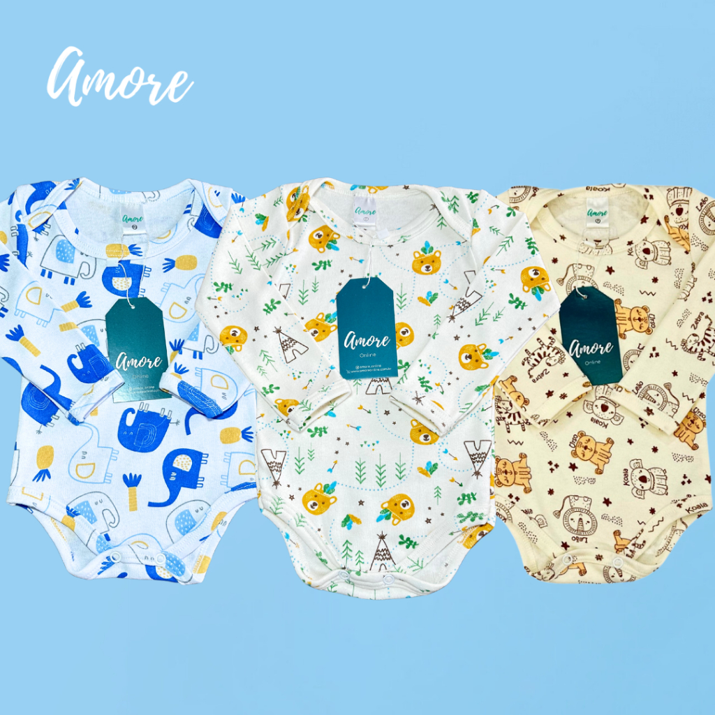 Body Manga Longa Bebê Amore Menino Confortável 100% Algodão em Oferta na Shopee