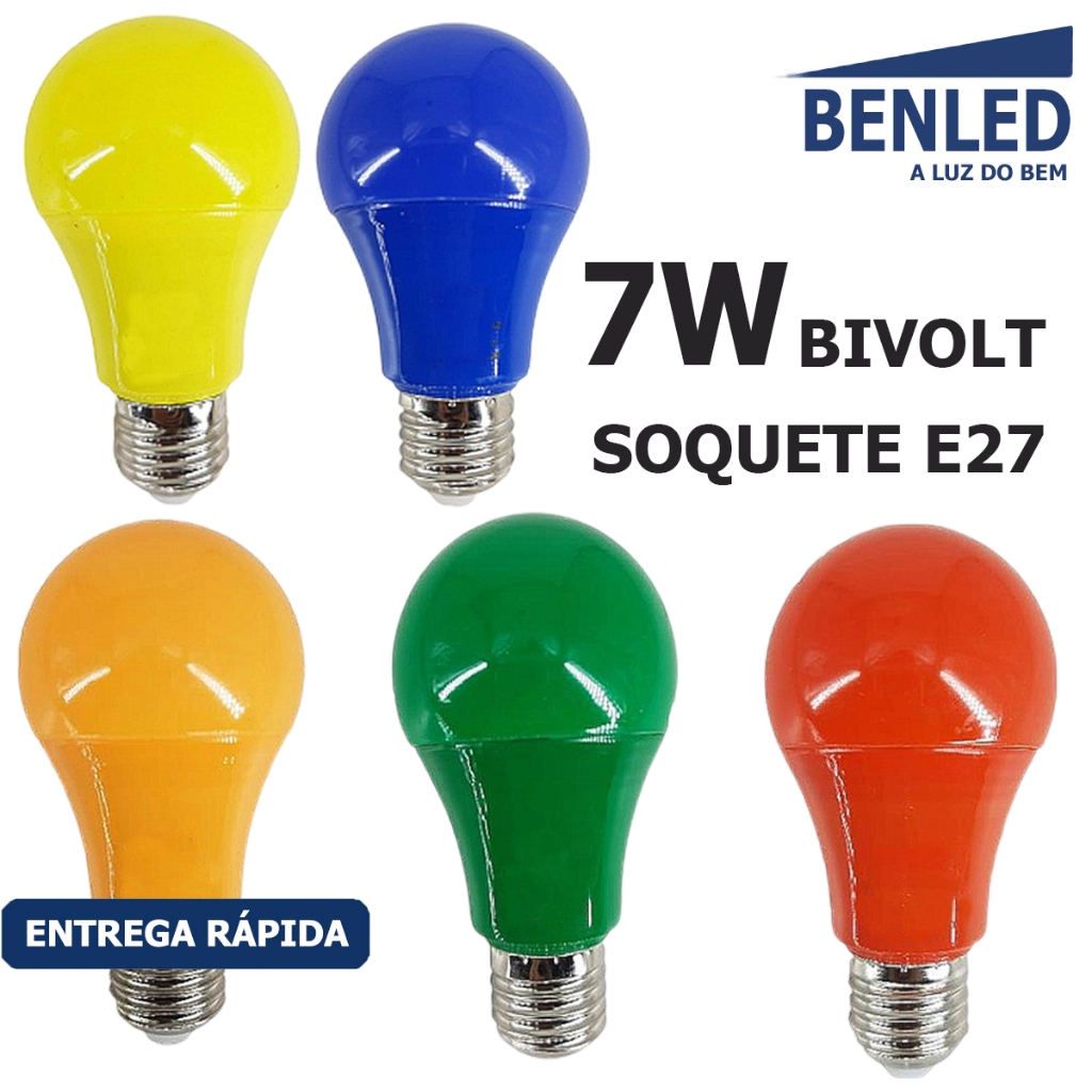 Kit 2 3 5 10 Lâmpadas Coloridas Led A60 Decorativa 7W Bivolt Luminária Festiva Econômica Soquete E27
