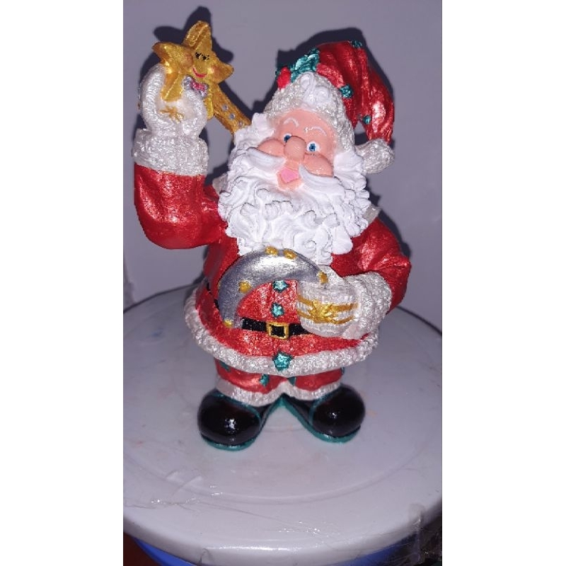 Papai noel em gesso - Ho ho ho - Papai noel segurando estrela cadente e lua - Papai Noel fofo