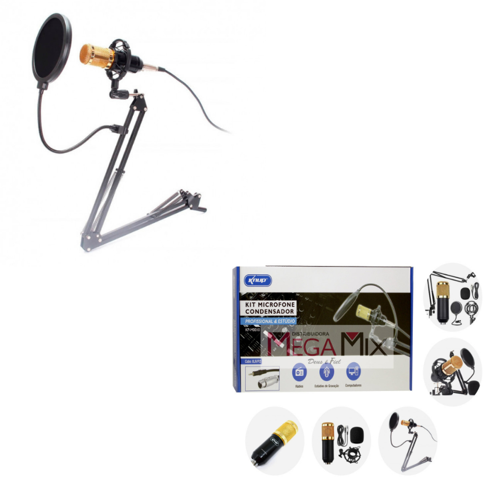 Kit Microfone Condensador Profissional para Estudio Com Braço Articulado