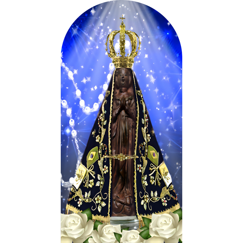 PAINEL DE FESTA NOSSA SENHORA (ROMANO NA MEDIDA DE 2,00M DE ALTURA X 1,00M DE LARGURA EM TECIDO ELANCA COM ELÁSTICO)