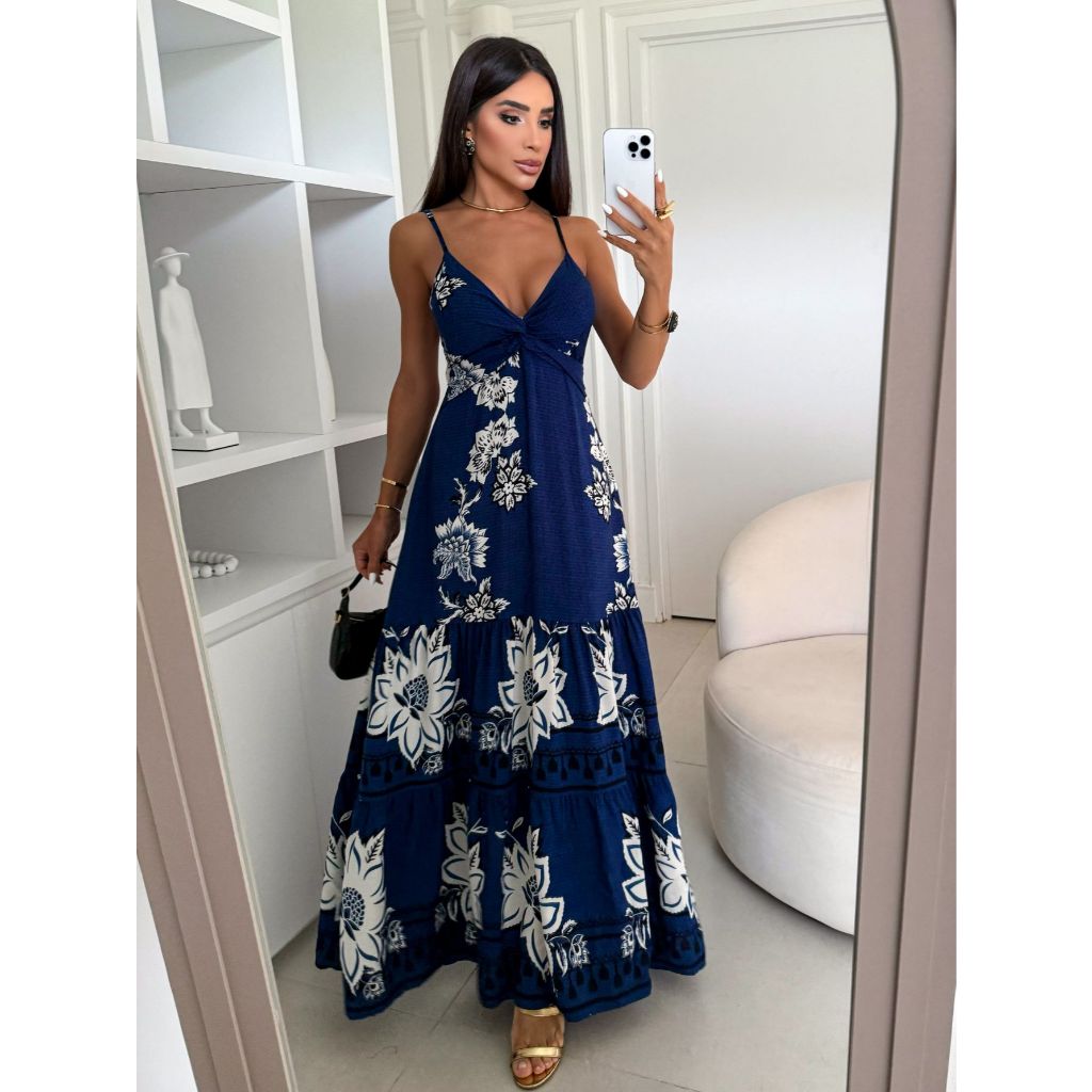 Vestido Longo Estampado Decote V Com Bojo Amarração Nas Costas Elegante Soltinho Verão 029flor