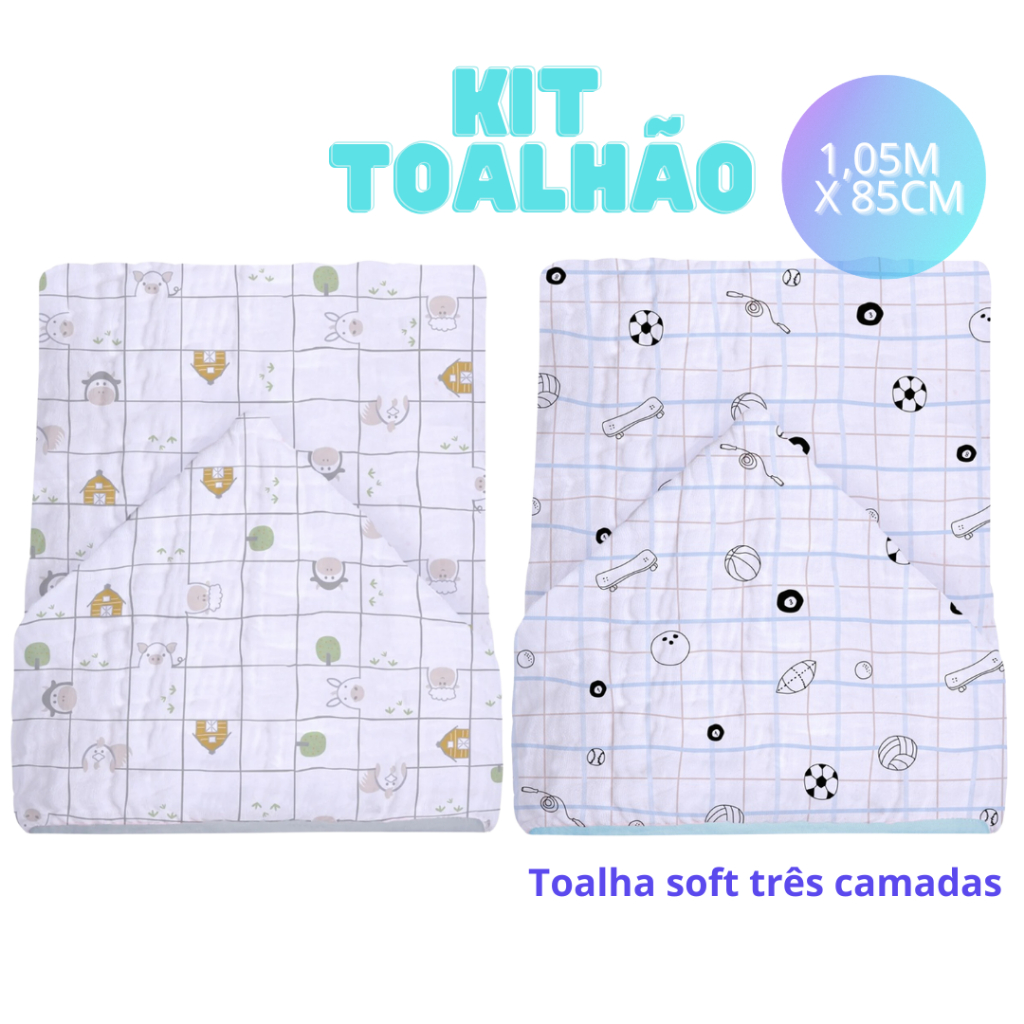 Kit Toalhão Toalha De Banho Bebe Com Capuz Soft Premium Fralda Três Camadas Papi  Criança Infantil