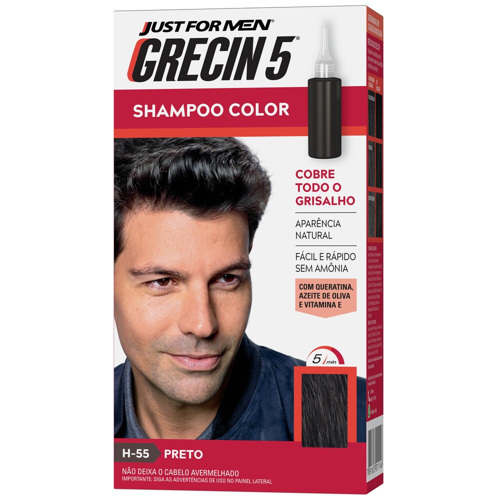 Grecin 5 Shampoo Tintura Tonalizante Preto H-55 60ml - Cobre os cabelos grisalhos em 5 minutos. - Beauty