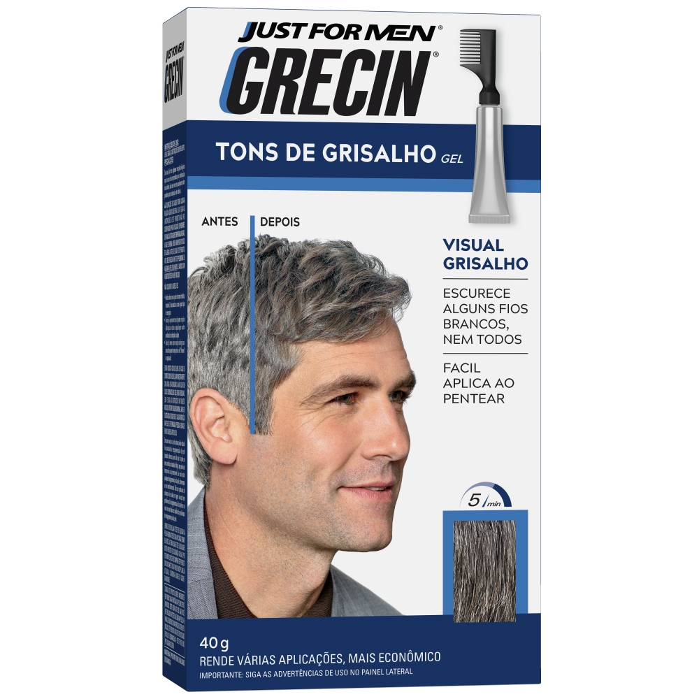 Grecin Tons de Grisalho Gel Tonalizante 40g -  Escurece alguns fios brancos - Aparência natural - Aplique ao se pentear - Beauty