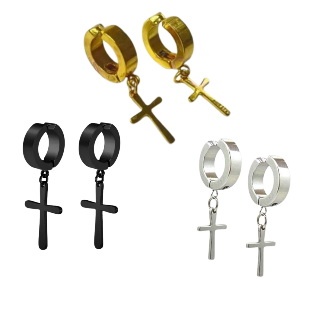 Brinco de Pressão Argola Aço Inoxidável Dourado Preto Prata com Cruz Masculino em Oferta na Shopee