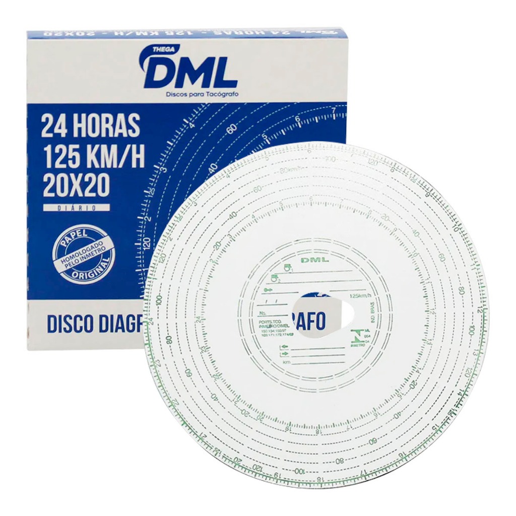Disco Tacógrafo Diário 125km/h 24 Horas 100 Unidades 20x20 DML