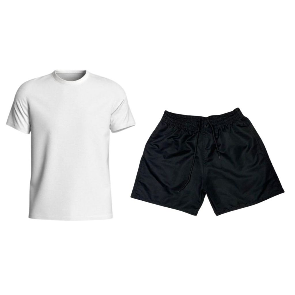 Camiseta Masculina Lisa 100% Algodão Bermuda Tactel Com Bolso Tecido Leve Secagem Rápida Academia Treino