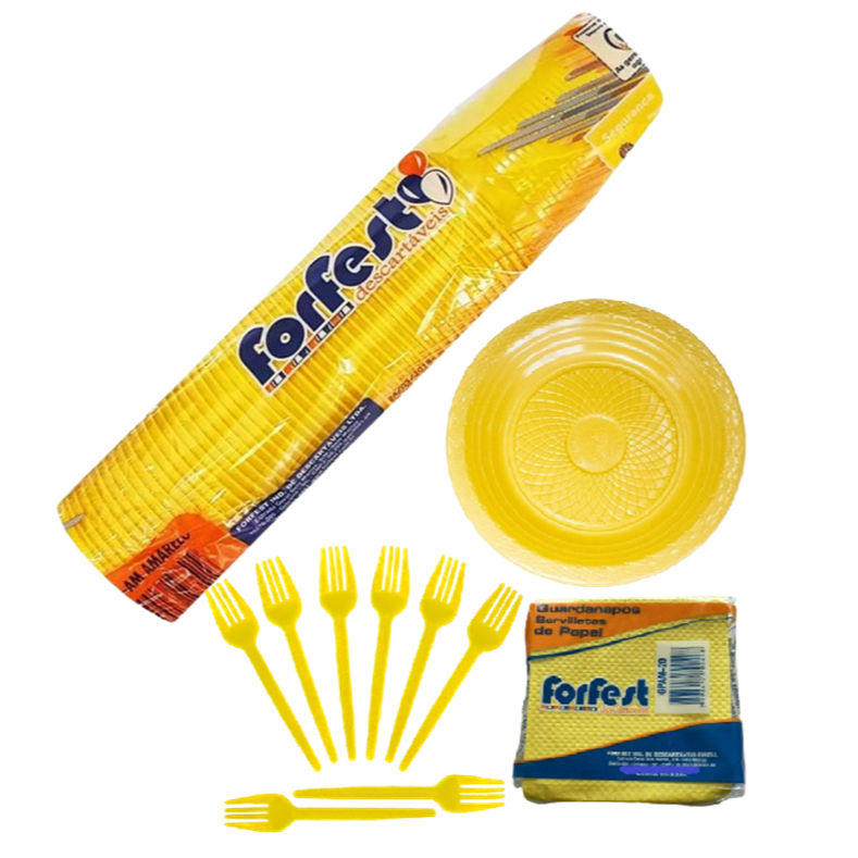 Kit Festa Descartável c/Copo Prato Garfo Guardanapo - 200 Peças