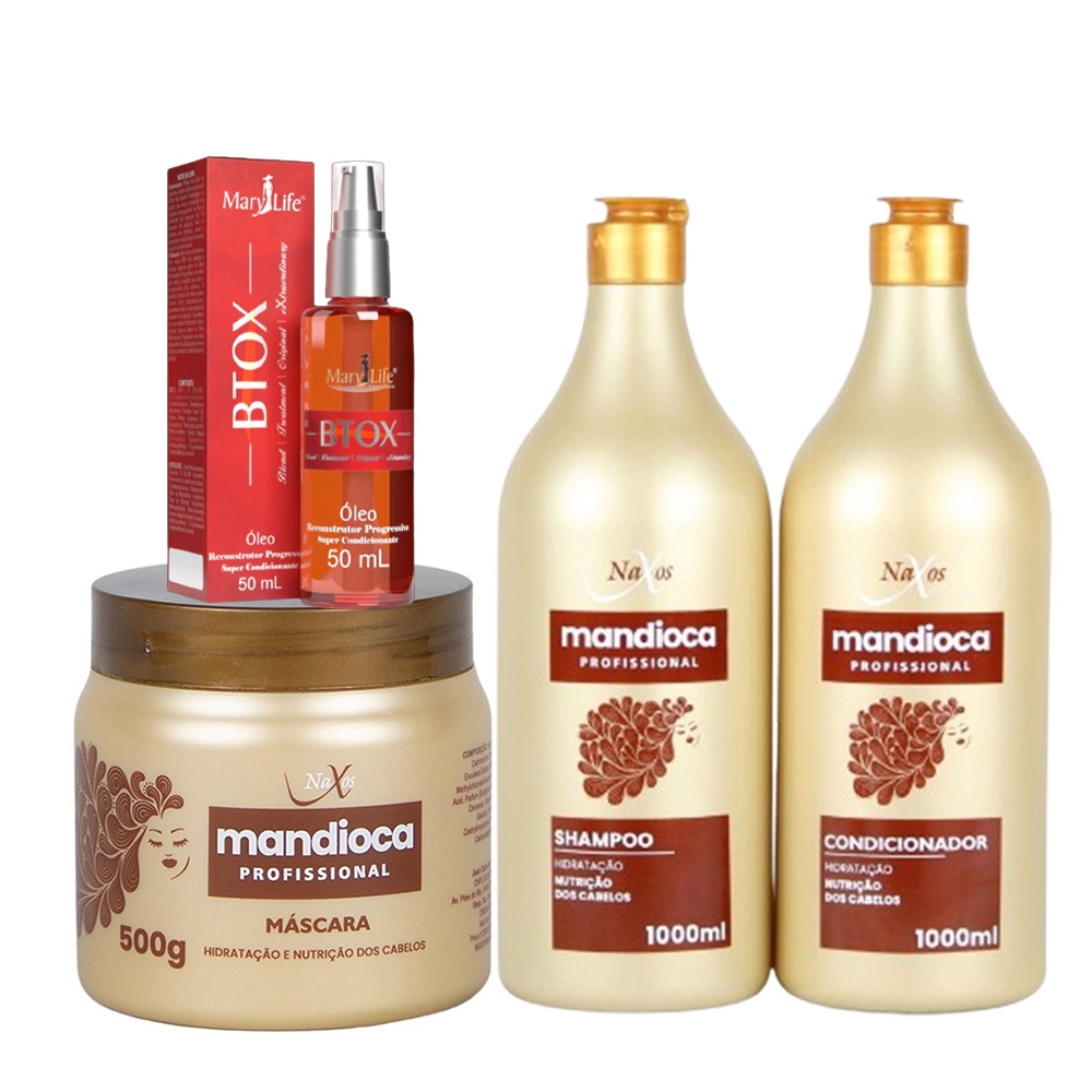 Kit Tratamento Capilar Reparador Prog. Btox 50ml + Mandioca Shampoo e Condicionador 1 litro e Máscara 500g