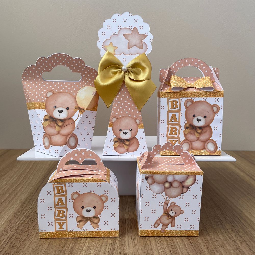 Kit caixas chá de bebê ursinho neutro (PEGUE E MONTE)chá de fralda dourado,chá revelação neutro,urso