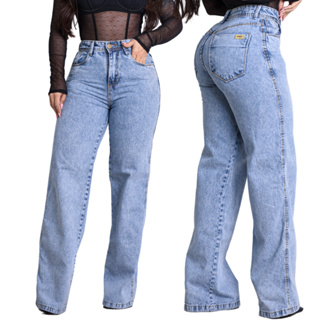 Calça Pantalona Jeans Feminina Wide Lag Cintura Alta Sem Elastano Modeladora em Oferta na Shopee