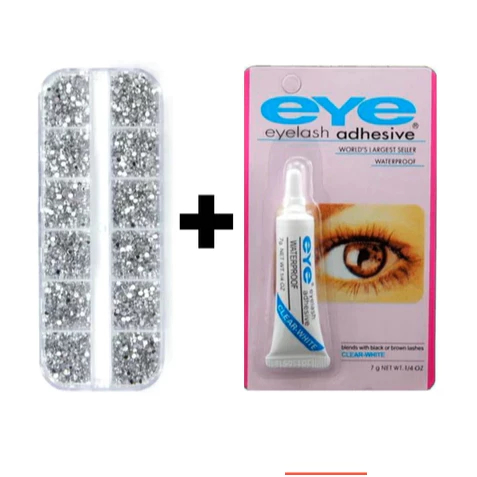 Kit Estojo Strass Prata Maquiagem + Cola Para CíliosTransparente OU Cola Branca
