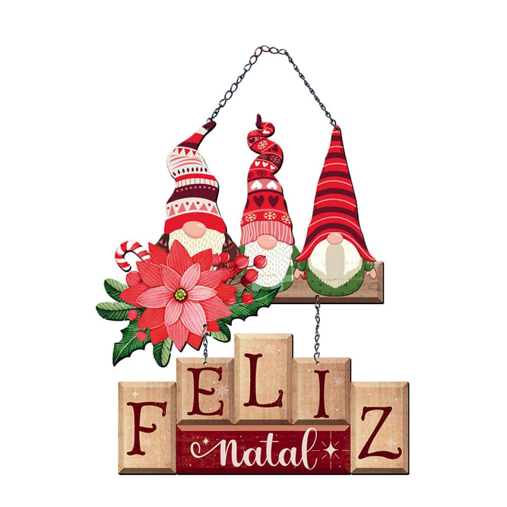 Placa Decorativa Enfeite Scrap Decor Litoarte - MDF - Três Gnomos Feliz Natal
