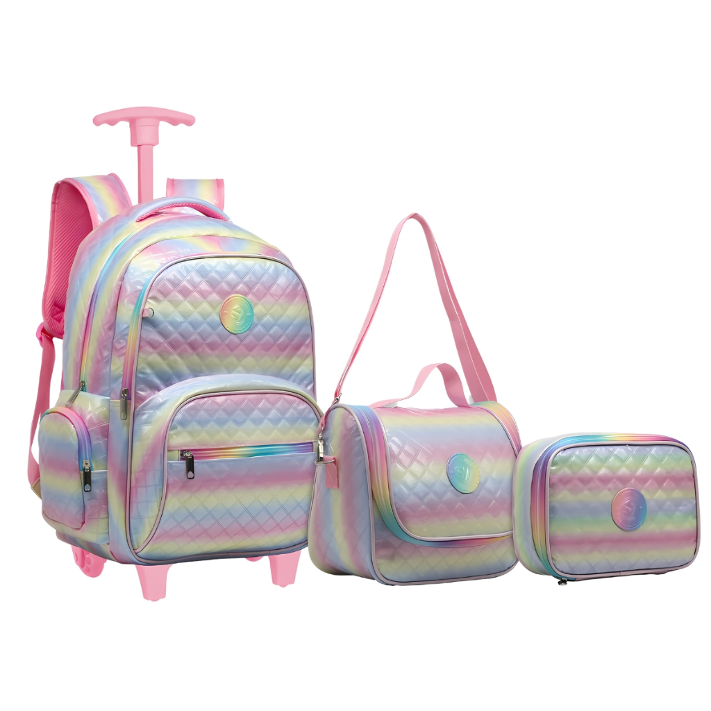 Kit Mochila De Carrinho Escolar Juvenil Femenina Glitter