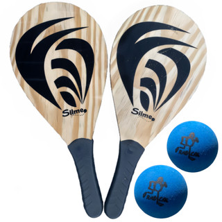 Frescobol Kit 2 Raquetes Praia de Madeira 2 Bola Resistente