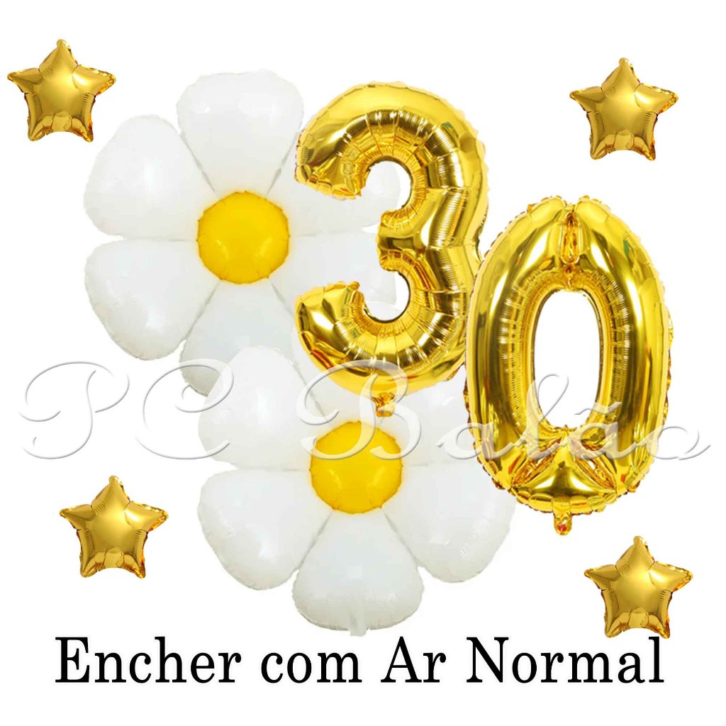 Kit 8 Balão 2 Flor MARGARIDA 45CM + IDADE 30 DOURADO 40cm DOURADO + 4 Estrela 13cm DOURADA JARDIM em Oferta na Shopee