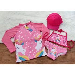 Biquini infantil + Camisa UV + Boné - Proteção Solar UV 50 - Conjunto UV para meninas Unicórnio - Praia