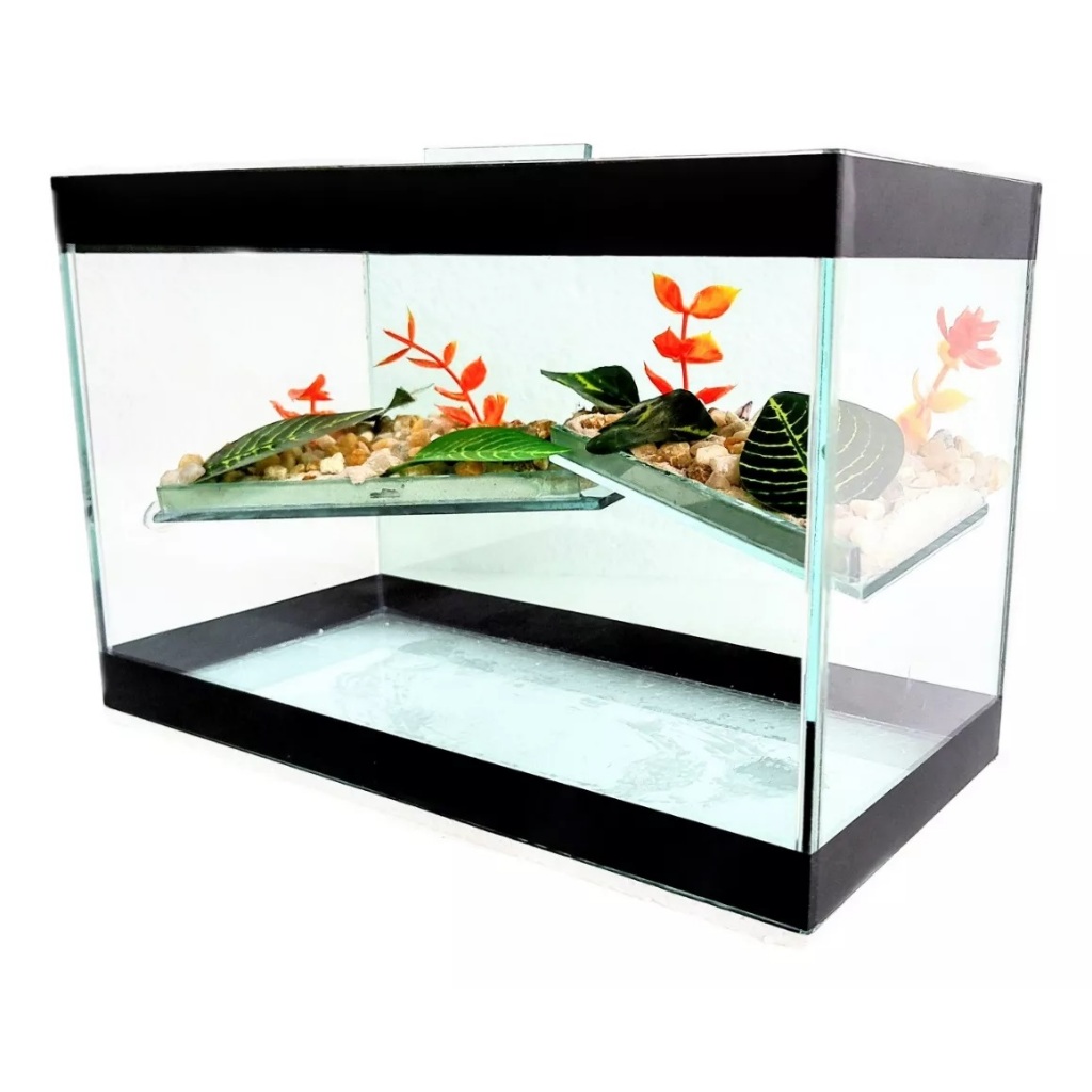 Aquário Terrário Para Tartarugas Répteis Jabuti Pequeno 5 Litros Aquarismo Plataforma Decorada Pedras Plantas Artificiai
