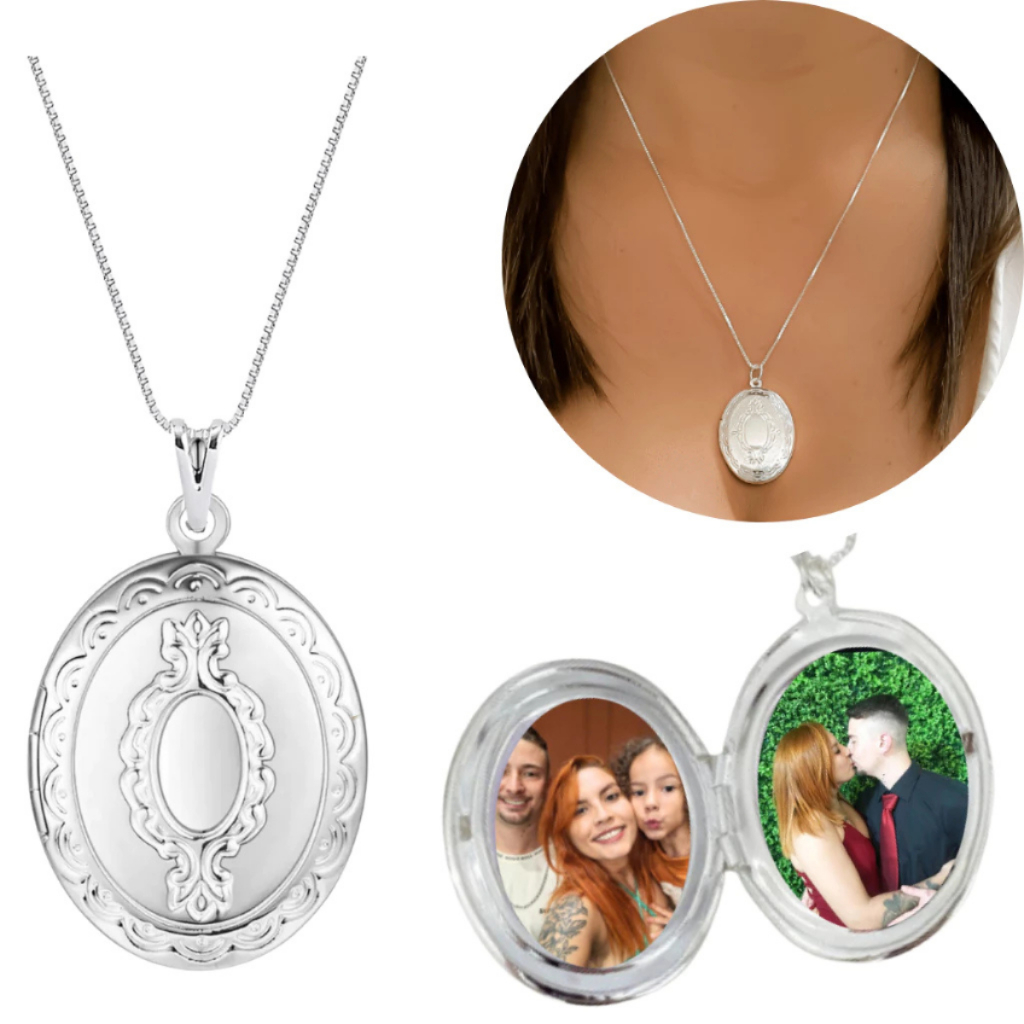 Relicário Prata Oval pequeno + 2 Fotos + corrente de 45cm + Caixa personalizada Folheado