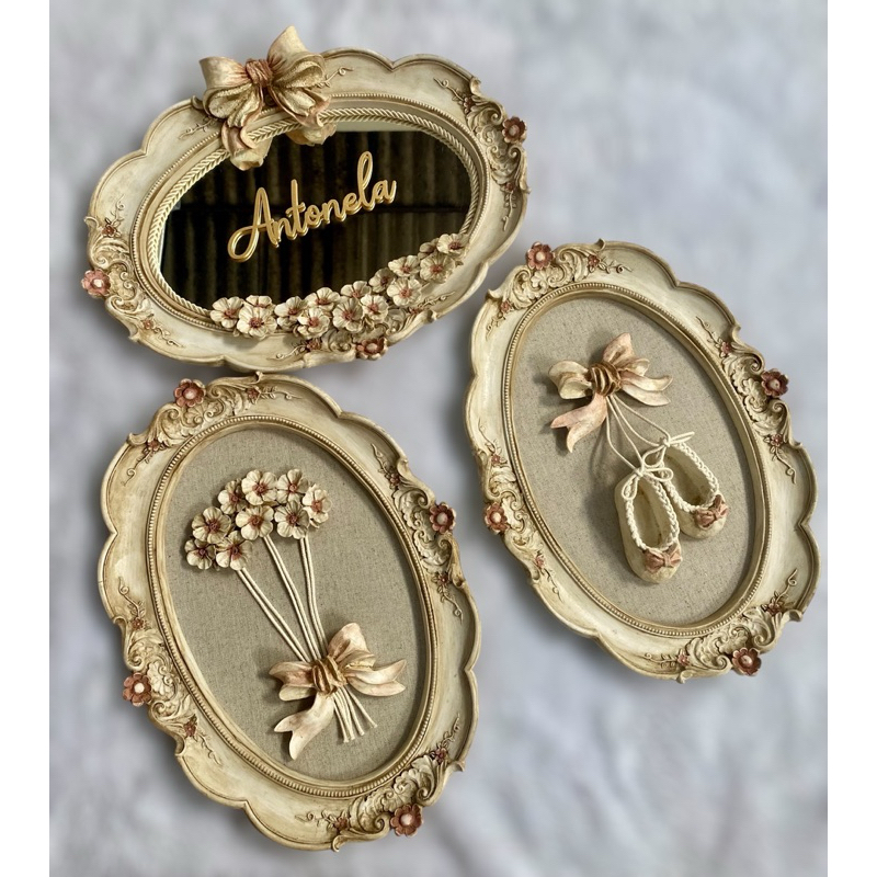 Trio de quadros para decoração quarto do bebe em resina com espelho