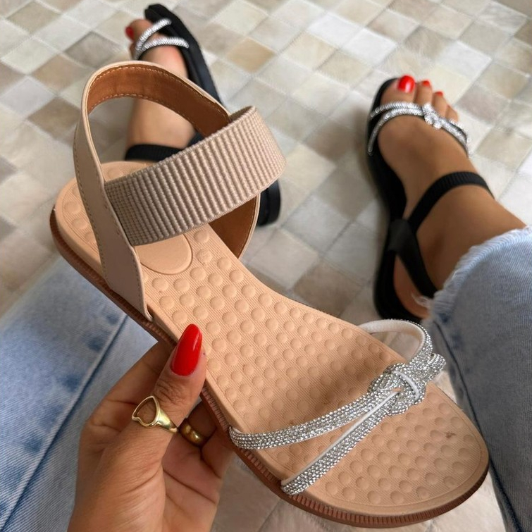 Sandália Feminina Rasteirinha Elástico Com Strass Pedras Ajustável Super Confortável