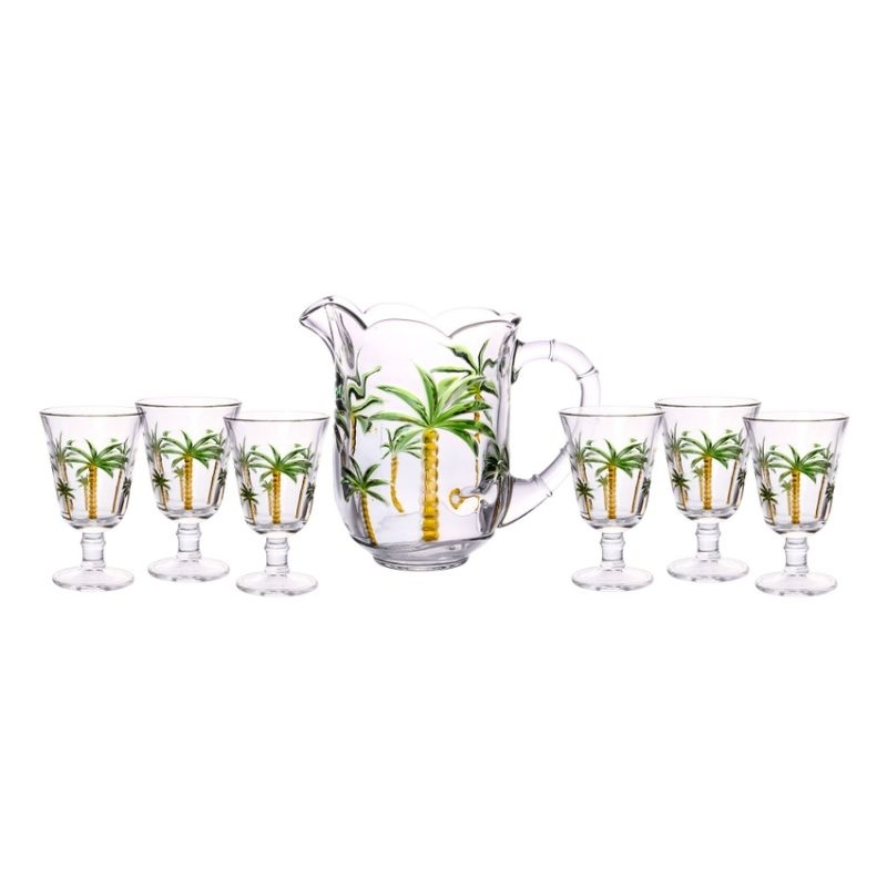 Conjunto Jarra com 6 Taças Cristal Lyor Vidro Palmeira 1,3L Hand Painting