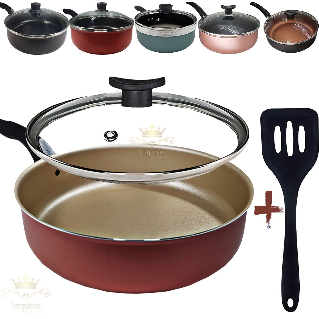 Frigideira Alta 18Cm Com Tampa De Vidro E Espátula Antiaderente 5 Camadas Teflon Cereja Gold Cobre Preta Rouge Turquesa