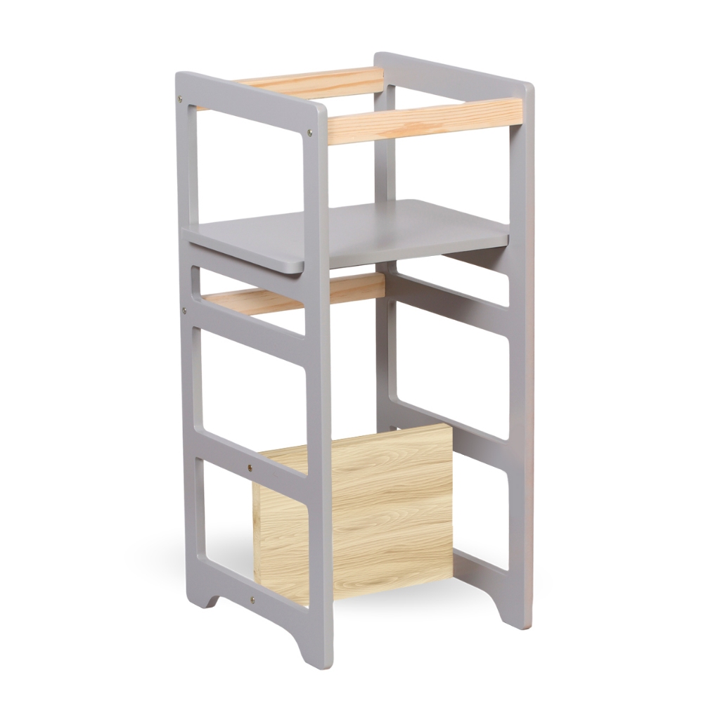 Torre De Aprendizagem Montessori 4 Em 1 Laqueada Cinza em Oferta na Shopee