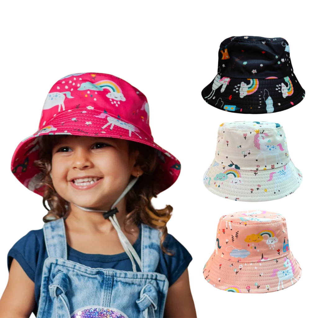 Chapéu de praia Infantil UV Bucket Infantil unicornio Chapéu de praia feminino menina com Cordinha em Oferta na Shopee