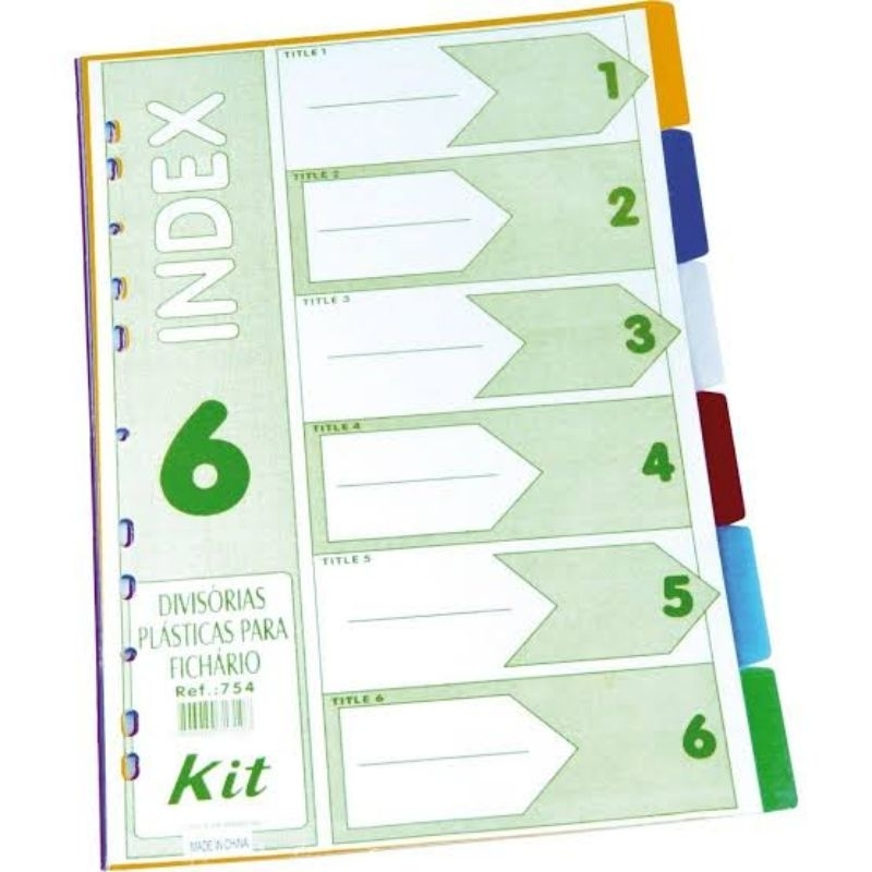 Divisórias Plásticas p/ Fichário Universitário com 6 Divisões Kit