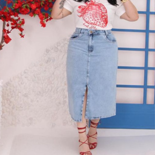 SAIA MIDI JEANS FEMININA PLUS SIZE COM FENDA MODA em Oferta na Shopee