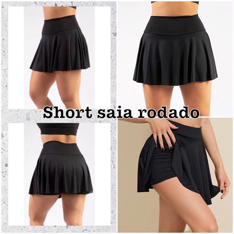 Short saia cm bolso suplex confortavel academia fitness rodado ioga bailarina em Oferta na Shopee