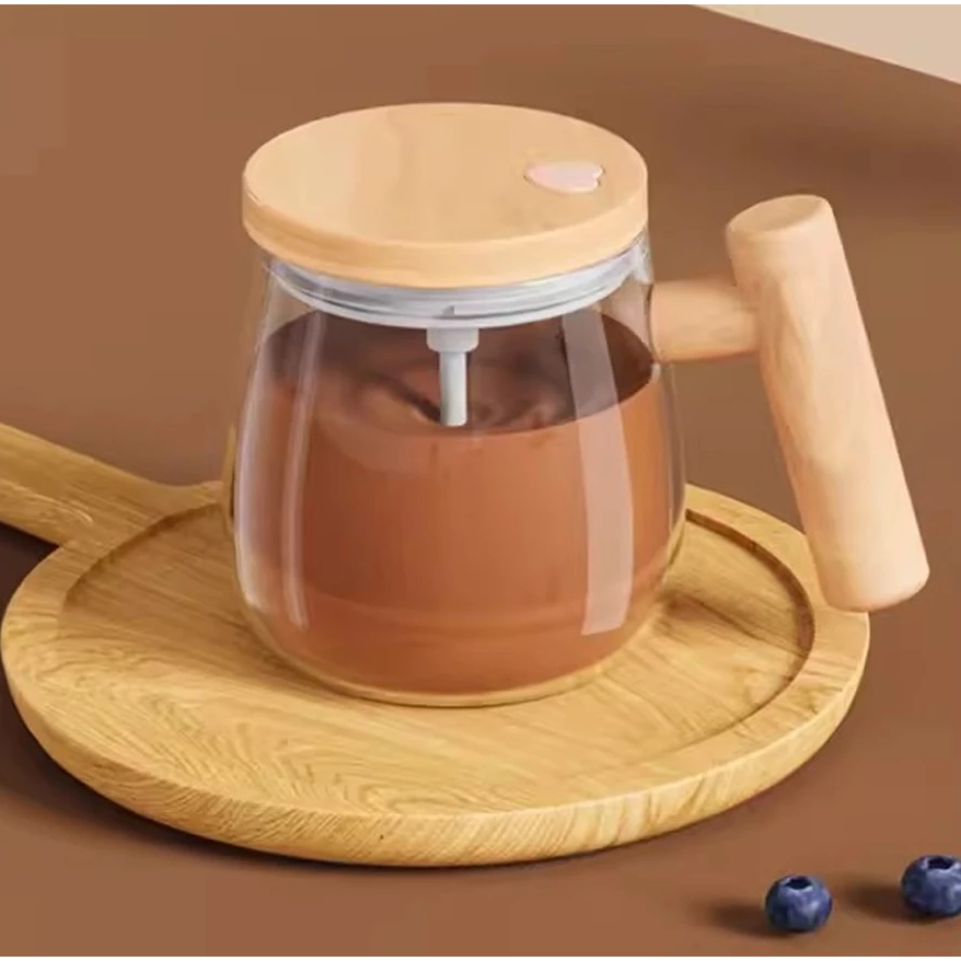 Caneca Auto Agitadora De Café Com Cabo De Madeira 400ml Elétrica 7000rpm Alta Velocidade Vidro