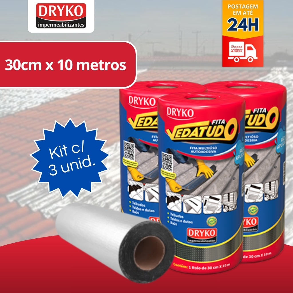 KIT 3 Mantas Asfalticas Fita Vedatudo Autoadesiva Impermeabilizadora Aluminizada 30cm x 10m