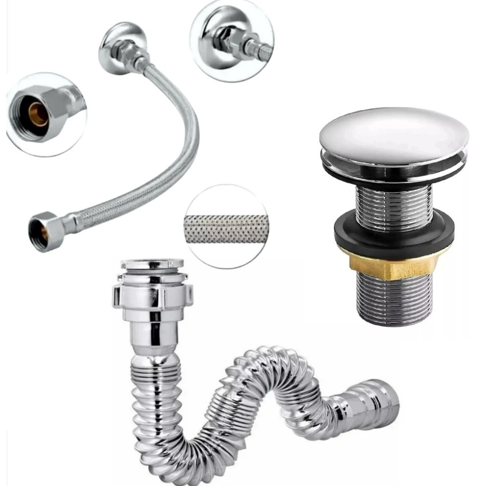Kit Sifão Tubo Sanfonado Cromado Engate Trançado 40cm ou 60 cm e Valvula Lavatorio Click Grande 7/8