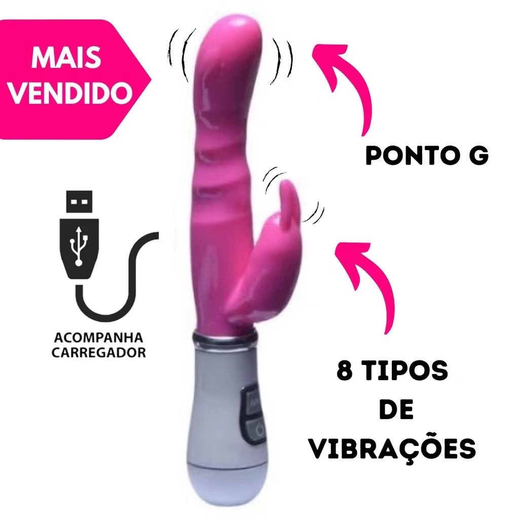 Vibrador RECARREGÁVEL 8 modos de vibração Formato de Coelho Ponto G com Estimulador de Clitoris ZDB-45B