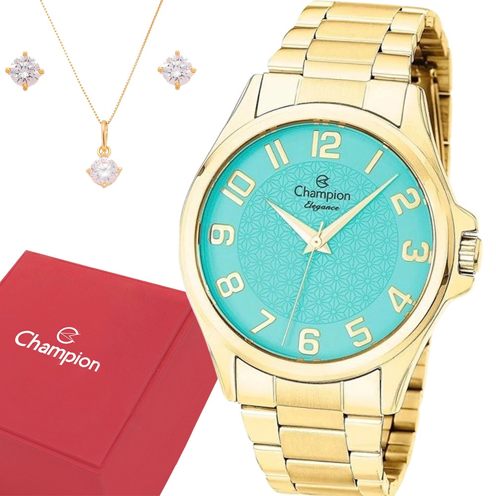 Relógio Champion Feminino Dourado Prova d'água com 1 ano de garantia e colar e brincos