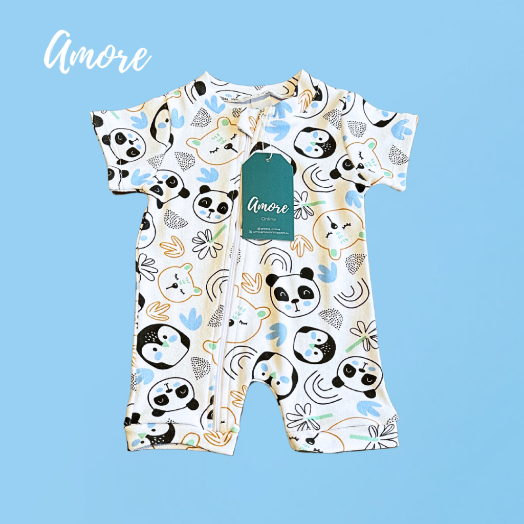 Macacão Bebê Curto Panda - Suedine 100% Algodão