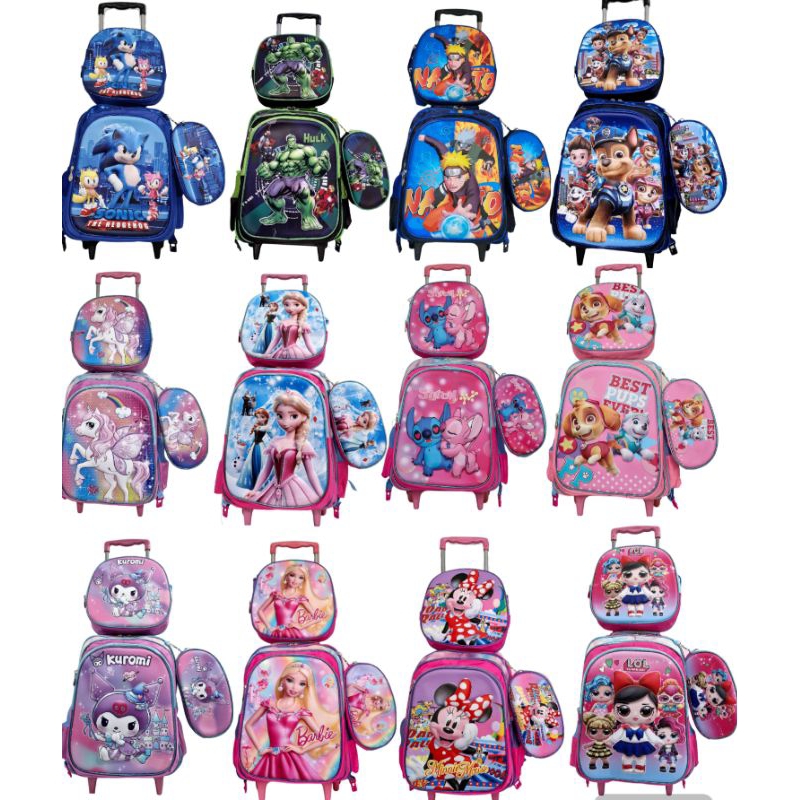 mochila escolar com carrinho para menina e menino kit três peças com lancheira e estojo im...